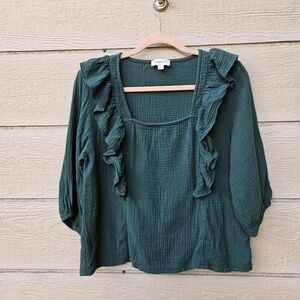 Evereve Francine ruffle gauze square neck top dark green small